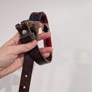 Genuine Leather Belt with Embroidered Stitching Brown Navy Red Beige Size XS